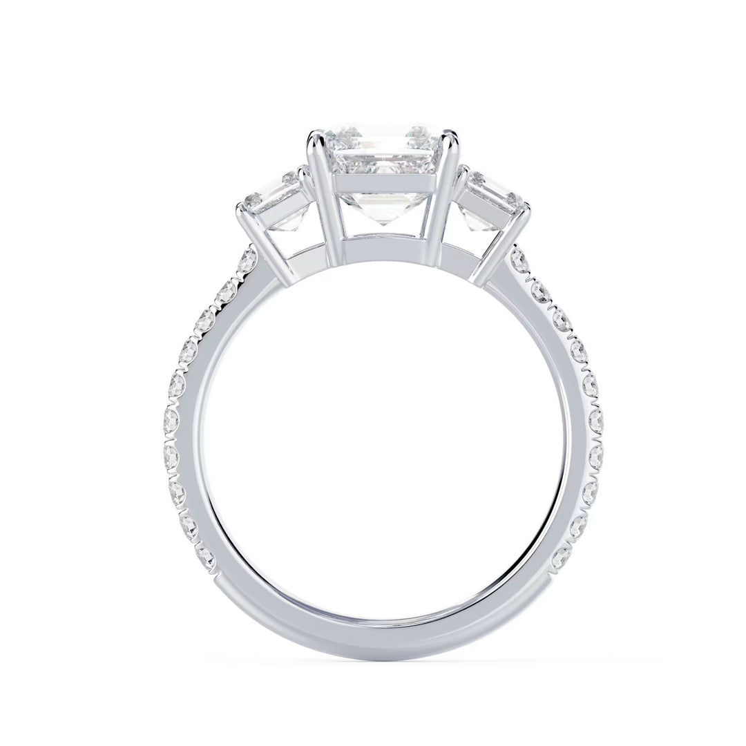 Close-up of Asscher cut lab grown diamond three stone pave engagement ring with E VS1 clarity and geometric brilliance