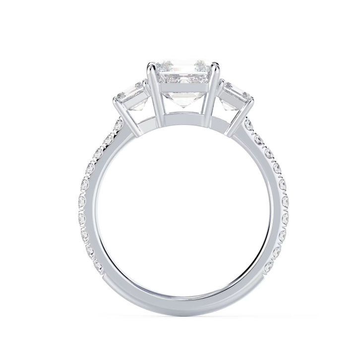Close-up of Asscher cut lab grown diamond three stone pave engagement ring with E VS1 clarity and geometric brilliance