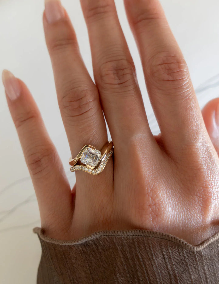 1.0CT-2.0CT Asscher E/VS Lab Grown Diamond By Pass Engagement Ring With Matching Pave Curved Band