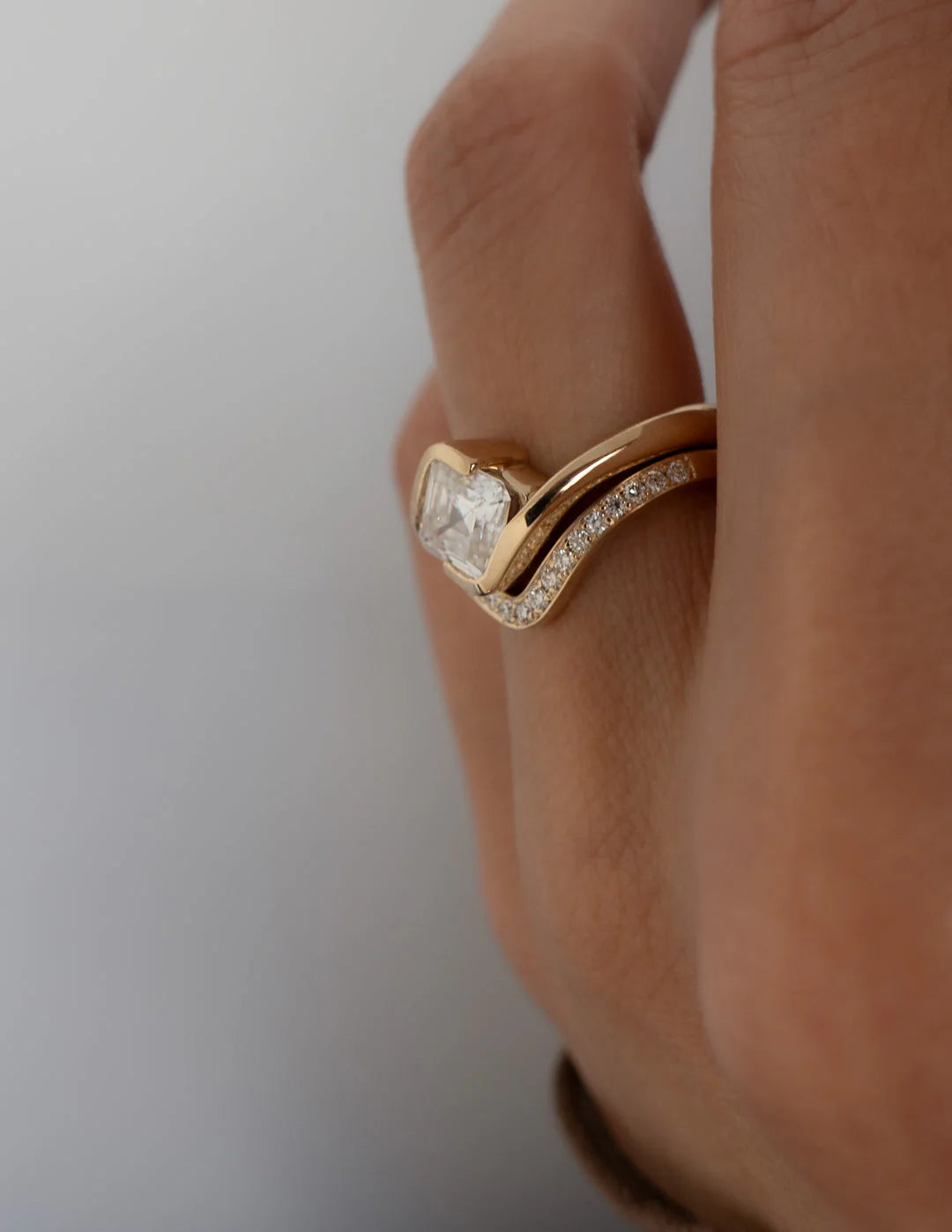1.0CT-2.0CT Asscher E/VS Lab Grown Diamond By Pass Engagement Ring With Matching Pave Curved Band