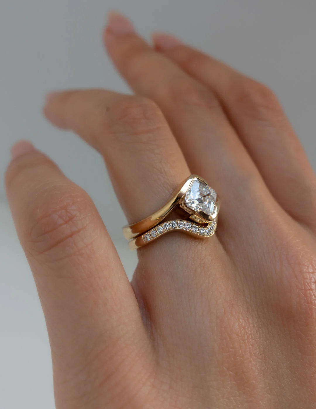 1.0CT-2.0CT Asscher E/VS Lab Grown Diamond By Pass Engagement Ring With Matching Pave Curved Band