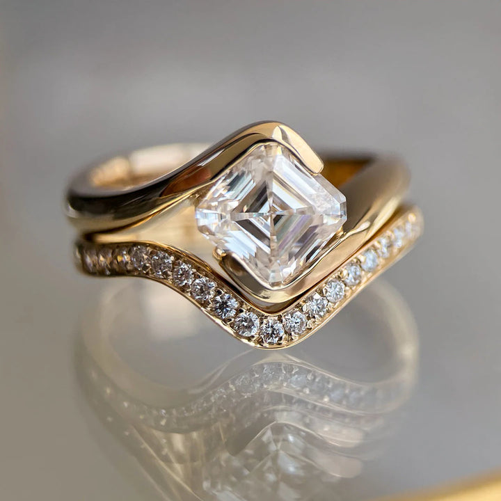 1.0CT-2.0CT Asscher E/VS Lab Grown Diamond By Pass Engagement Ring With Matching Pave Curved Band