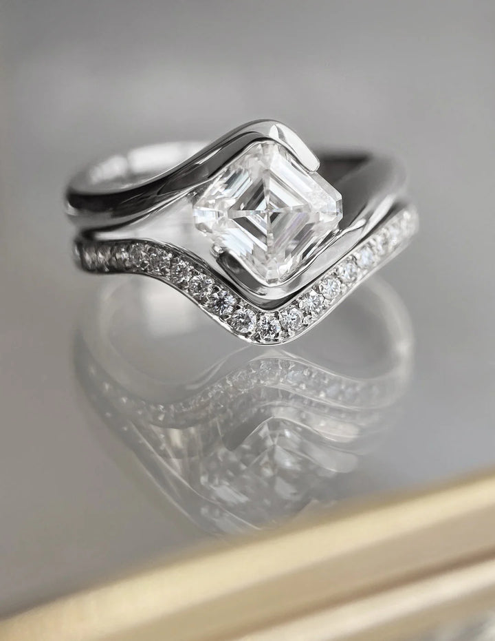 1.0CT-2.0CT Asscher E/VS Lab Grown Diamond By Pass Engagement Ring With Matching Pave Curved Band
