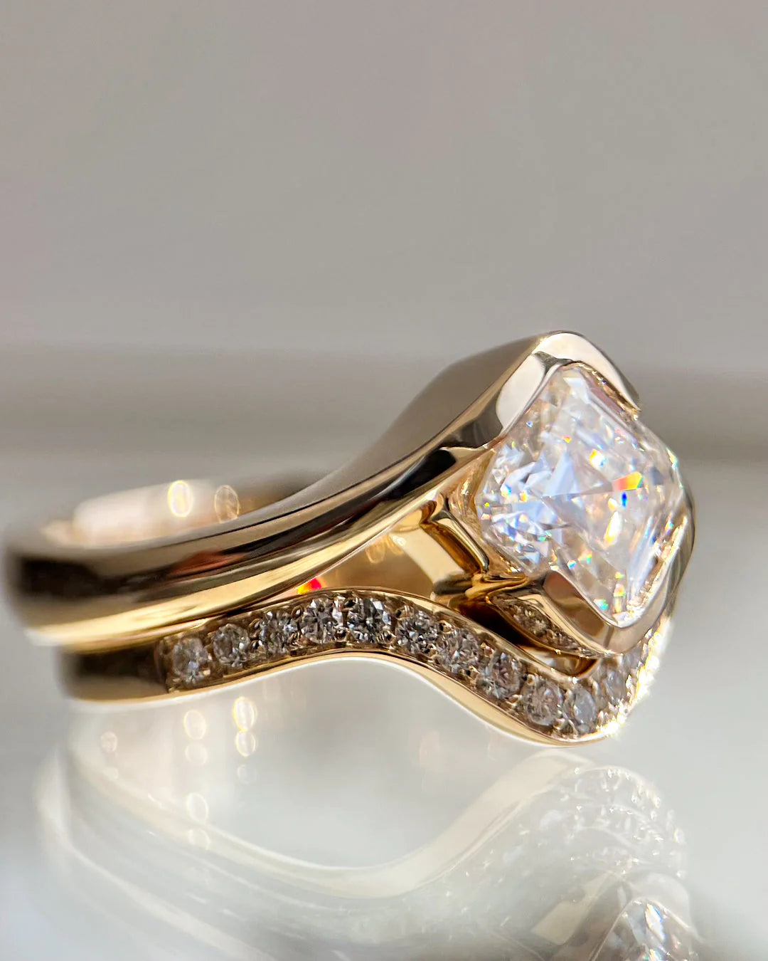 1.0CT-2.0CT Asscher E/VS Lab Grown Diamond By Pass Engagement Ring With Matching Pave Curved Band