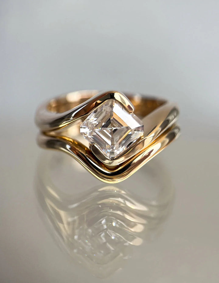 1.0CT-2.0CT Asscher E/VS CVD Diamond Tension Style Unique Engagement Ring With Matching Classic Curved Band