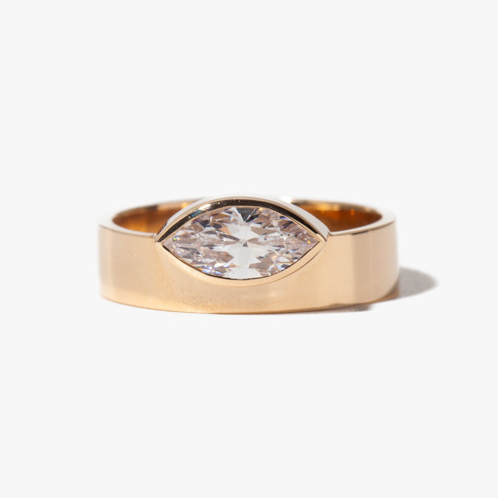 Contemporary east west marquise lab diamond monolith engagement ring featuring minimalist USA bridal design style