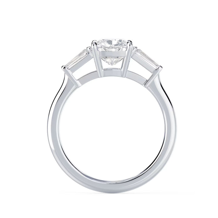Detailed focus of E VS1 cushion cut lab grown diamond three stone engagement ring showcasing premium clarity
