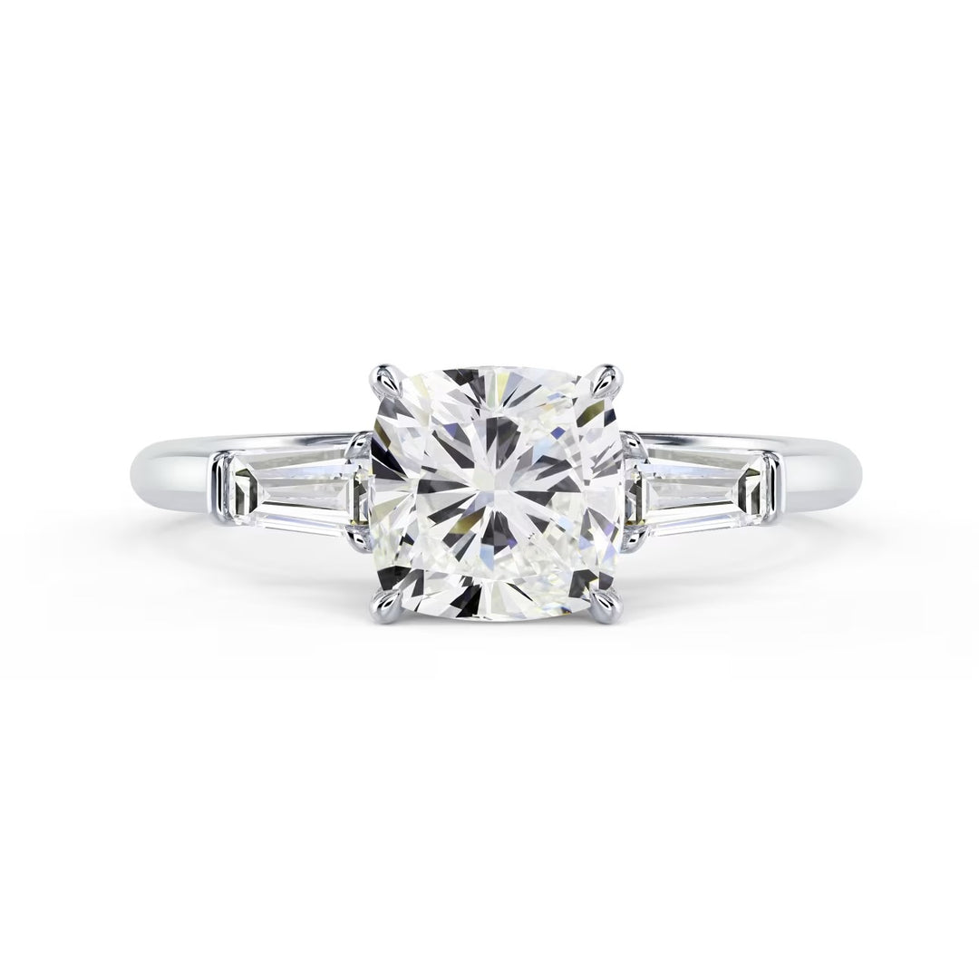 Bridal shine of cushion cut lab grown diamond three stone engagement ring with E VS1 center stone brilliance
