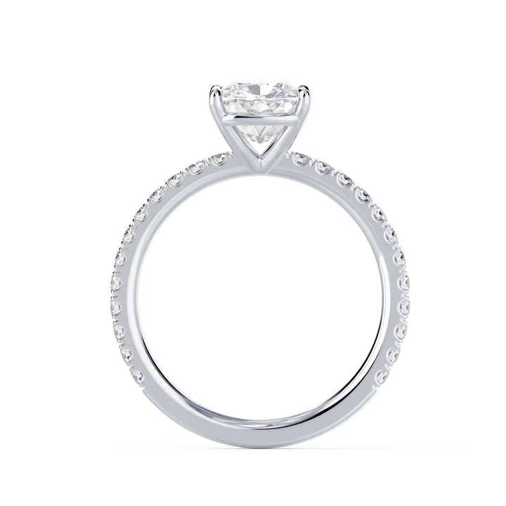 Close-up of a cushion cut lab grown diamond pave engagement ring highlighting soft square sparkle and pavé band detailing