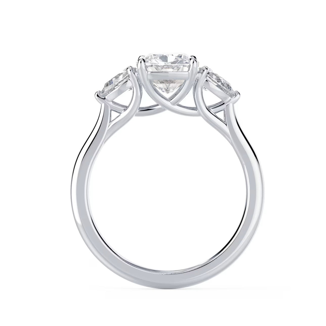 Side profile of cushion cut lab grown diamond three stone engagement ring highlighting elegant setting and craftsmanship