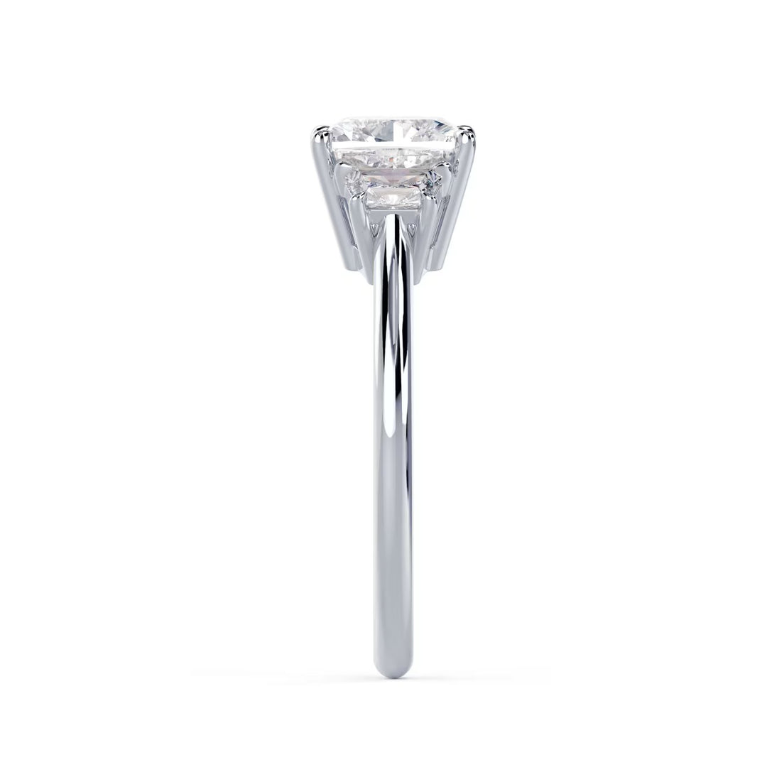 Minimal gold setting featuring cushion cut lab grown diamond three stone engagement ring elegant and balanced design