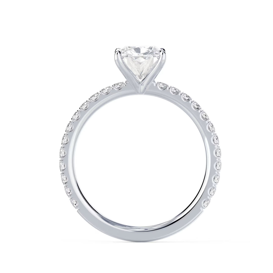 Sparkle view of a cushion cut lab grown diamond pave engagement ring reflecting soft fire and brilliance