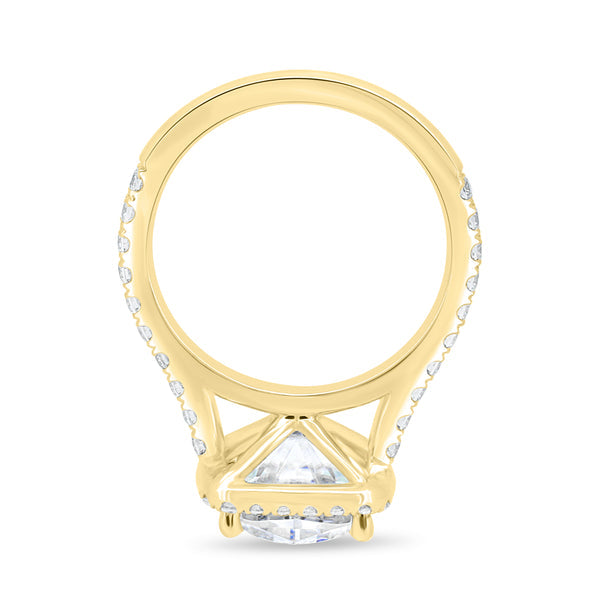 Close-up of cushion cut lab grown diamond halo cathedral pavé engagement ring showing sparkling side stones and elevated setting