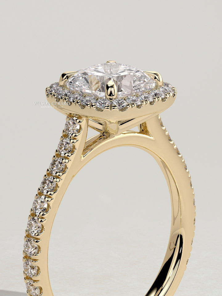 modern cushion halo engagement ring