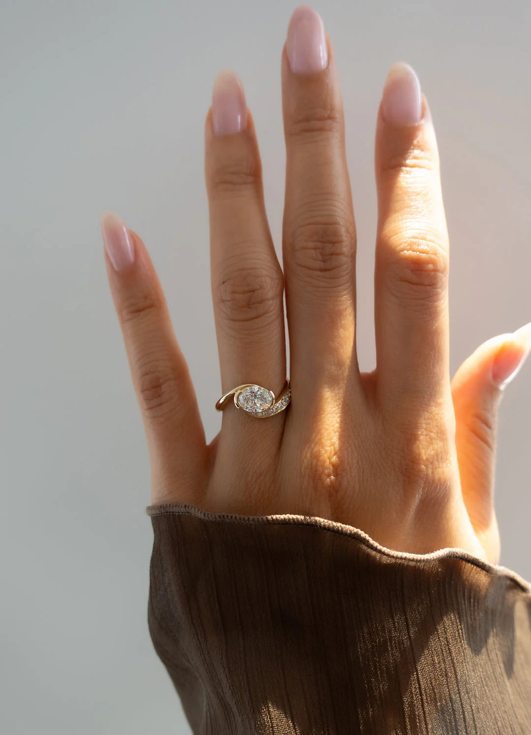 0.50CT-1.50CT Oval East West Lab Grown By Pass Pave Engagement Ring With Matching Curved Band