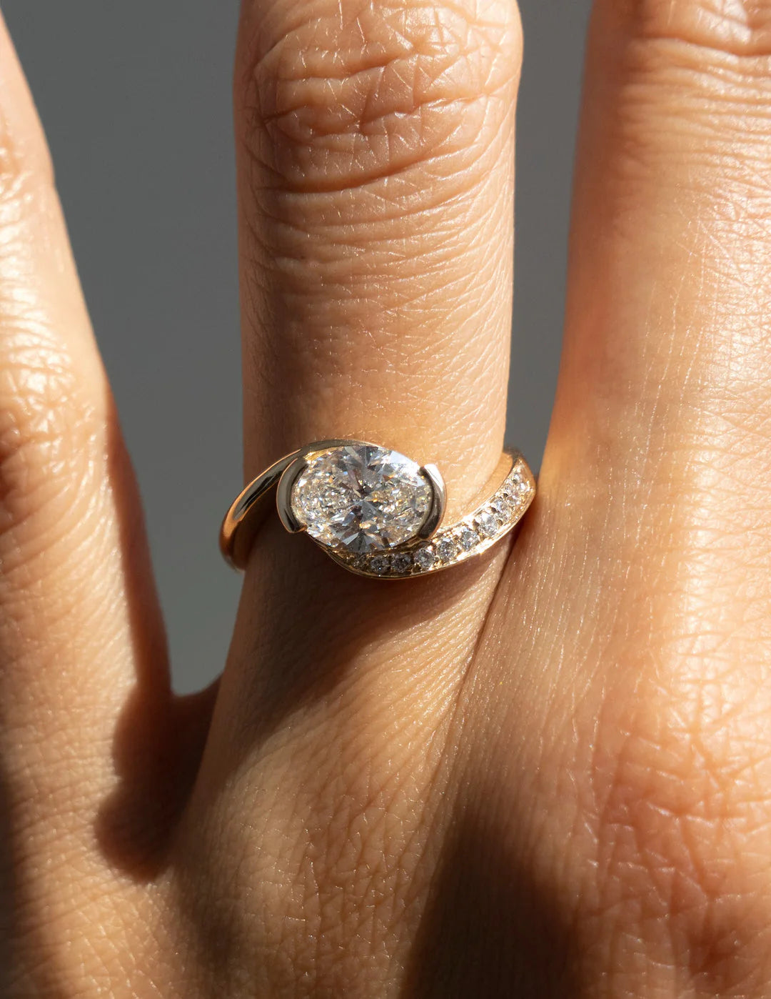 0.50CT-1.50CT Oval East West Lab Grown By Pass Pave Engagement Ring With Matching Curved Band