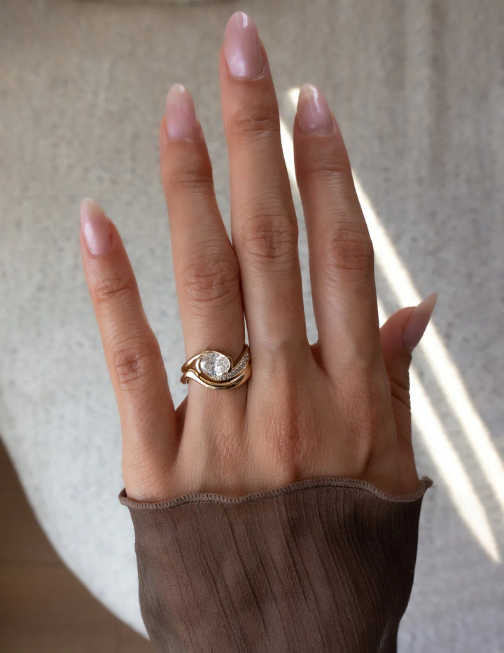 0.50CT-1.50CT Oval East West Lab Grown By Pass Pave Engagement Ring With Matching Curved Band