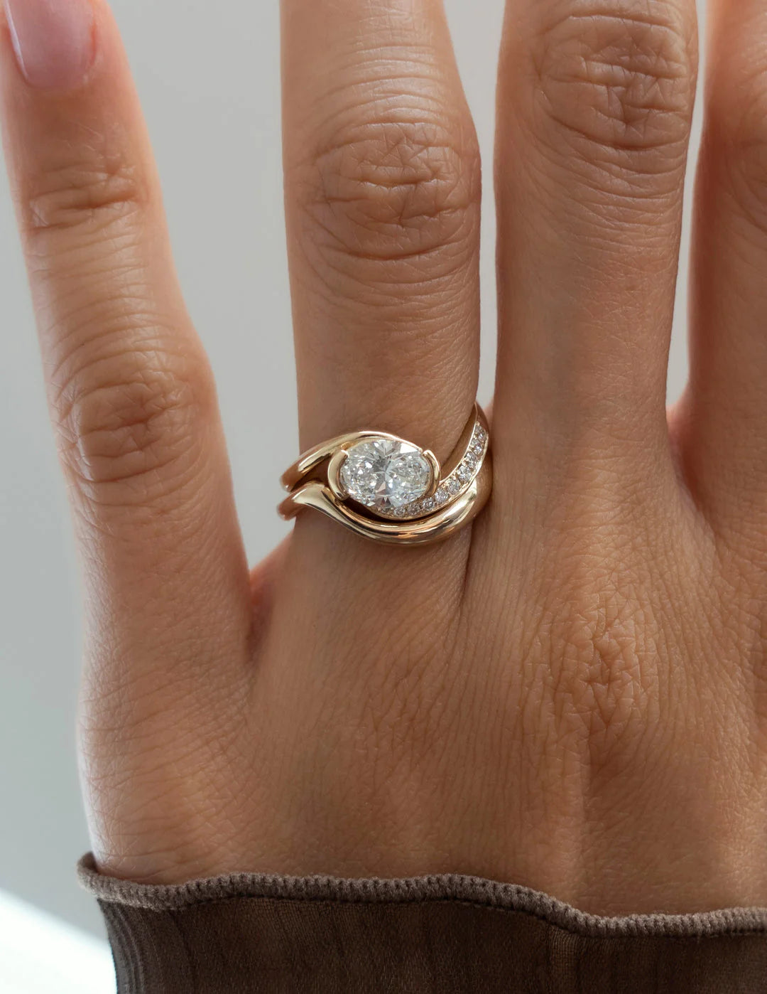 0.50CT-1.50CT Oval East West Lab Grown By Pass Pave Engagement Ring With Matching Curved Band