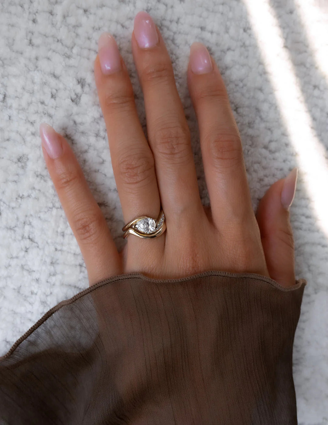 0.50CT-1.50CT Pear East West Lab Grown Tension Style Pave Engagement Ring With Matching Curved Band