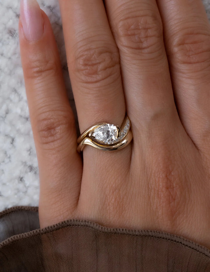 0.50CT-1.50CT Pear East West Lab Grown Tension Style Pave Engagement Ring With Matching Curved Band
