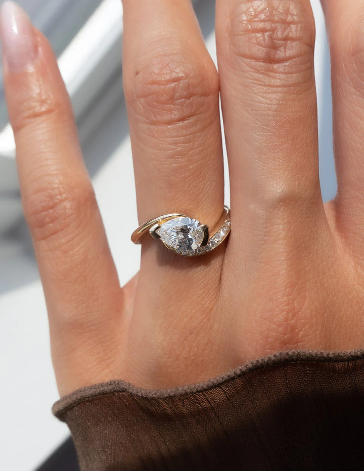 0.50CT-1.50CT Pear East West Lab Grown Tension Style Pave Engagement Ring With Matching Curved Band