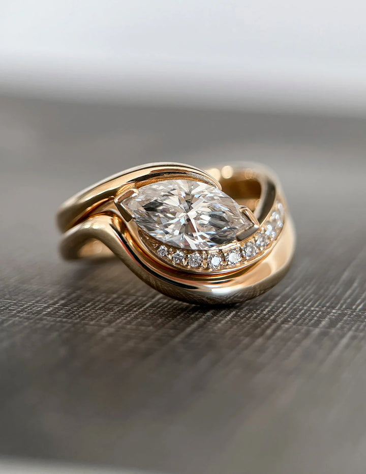 1.0CT-2.0CT Marquise E/VS Lab Grown Diamond Tension Style Pave Engagement Ring With Matching Curved Band