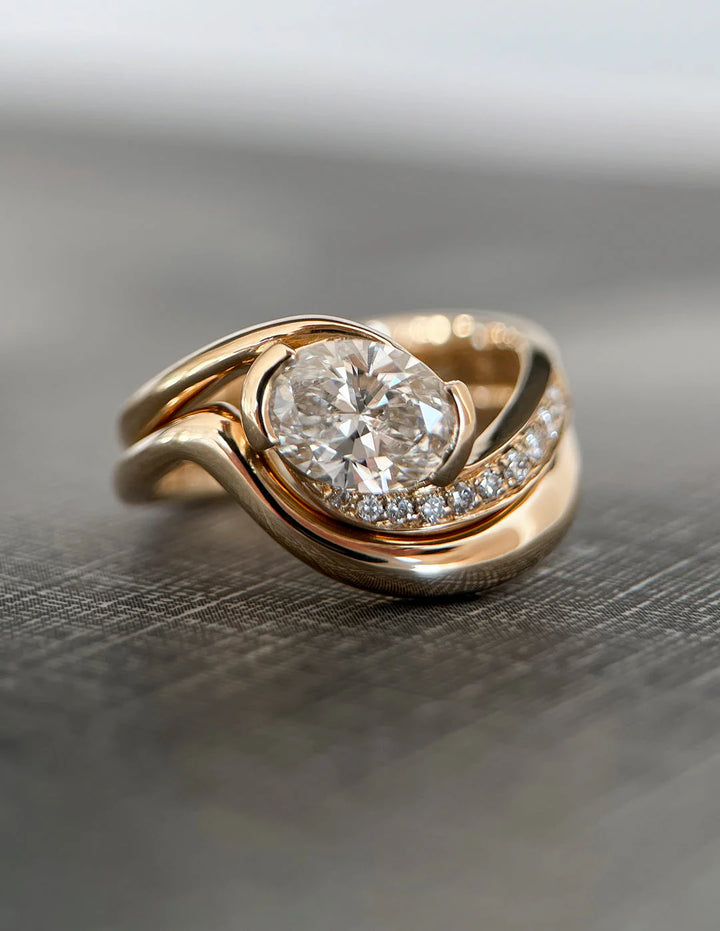 0.50CT-1.50CT Oval East West Lab Grown By Pass Pave Engagement Ring With Matching Curved Band