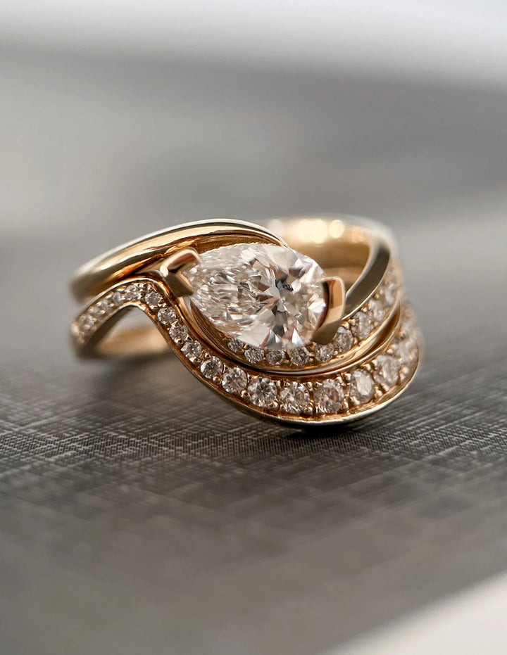 0.50CT-1.50CT Pear East West CVD Diamond By Pass Pave Engagement Ring With Matching Curved Band