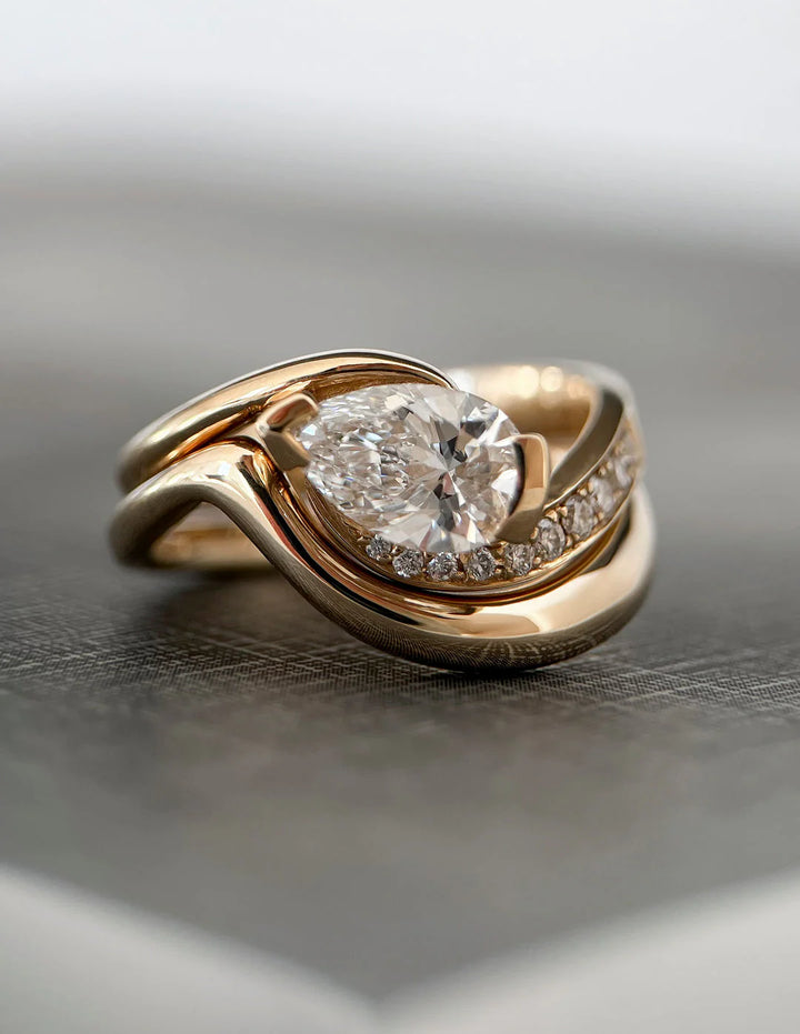 0.50CT-1.50CT Pear East West Lab Grown Tension Style Pave Engagement Ring With Matching Curved Band
