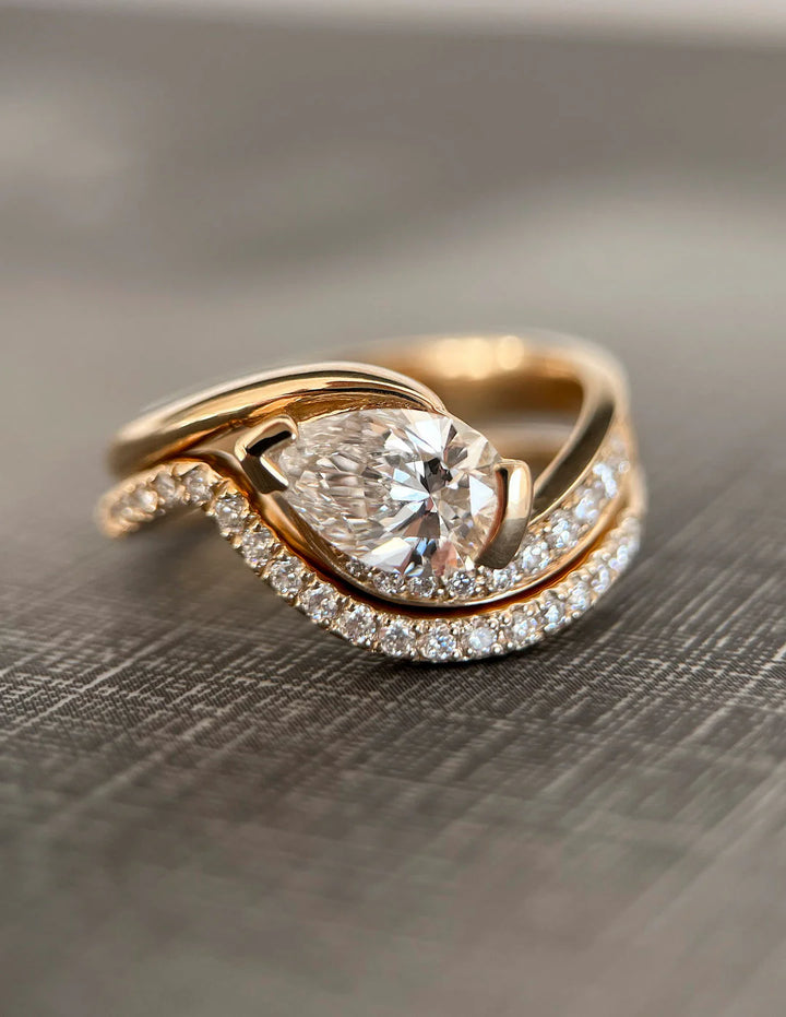 0.50CT-1.50CT Pear East West CVD Diamond By Pass Pave Engagement Ring With Matching Curved Band