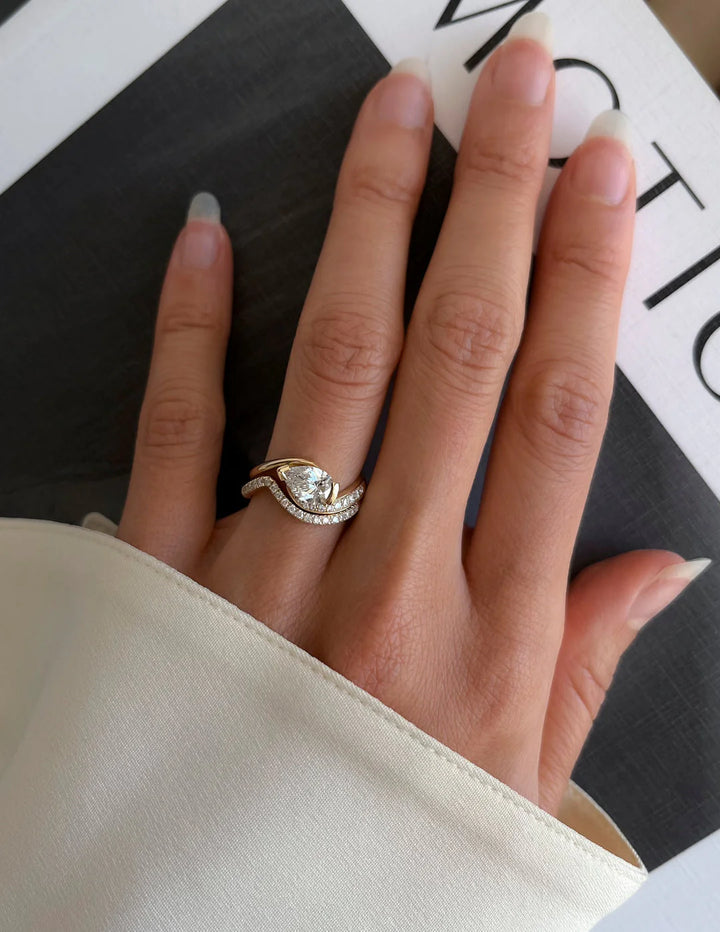 0.50CT-1.50CT Pear East West CVD Diamond By Pass Pave Engagement Ring With Matching Curved Band