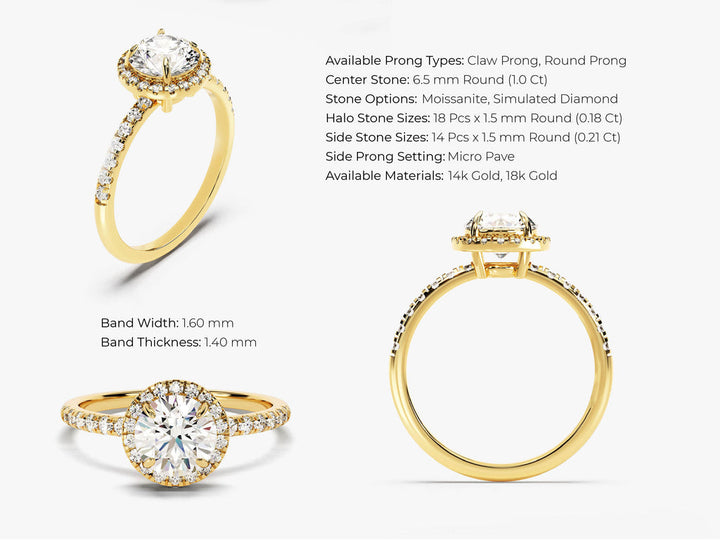 1.0CT Round Cut Pave Lab Grown Diamond Halo Engagement Ring For Women