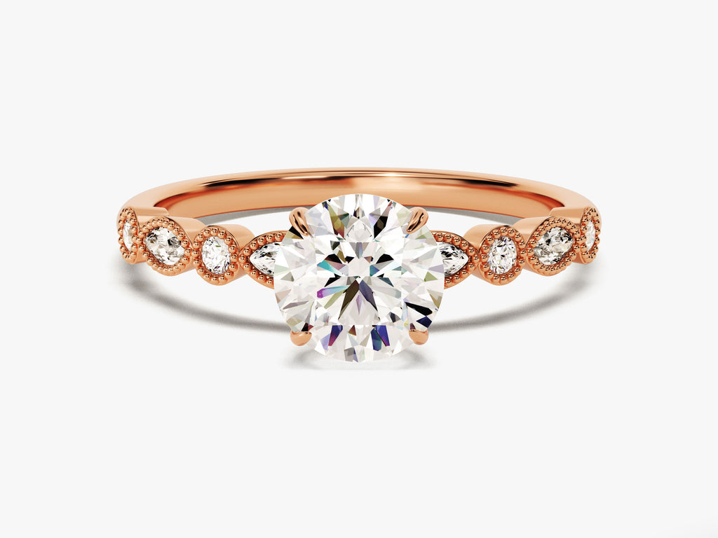 1.0CT Round Cut Vintage Diamond Lab Grown Engagement Ring Milgrain Band