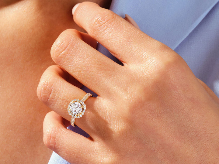 1.0CT Round Double Pave Shank Halo Lab Grown Diamond Engagement Ring For Women