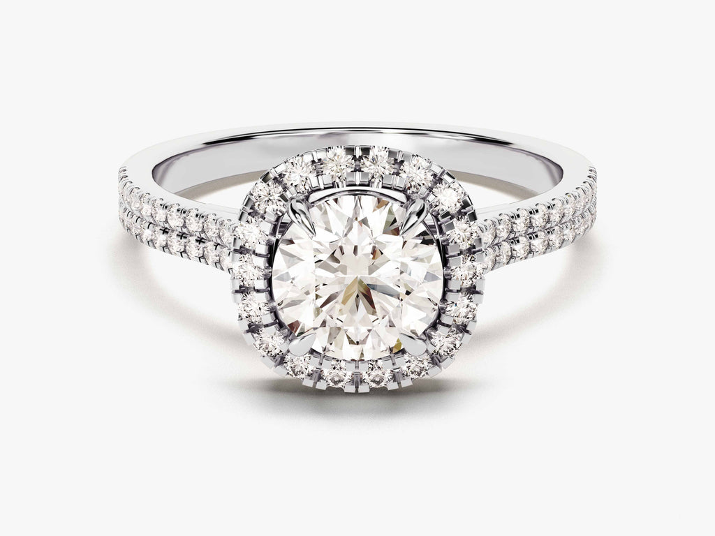 1.0CT Round Double Pave Shank Halo Lab Grown Diamond Engagement Ring For Women