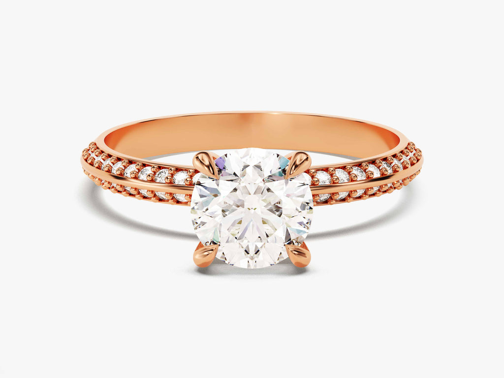 1.0CT Round Pave Set Milgrain Knife Edge Lab Grown Diamond Engagement Ring For Her