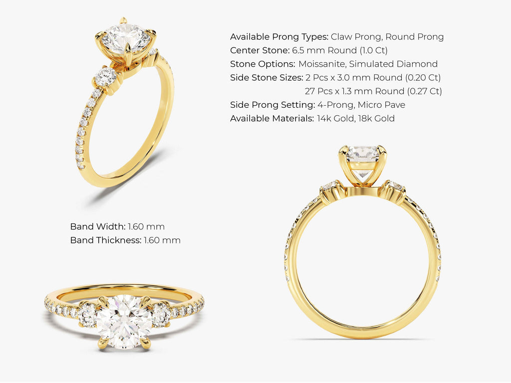 1.0CT Round Cut Micro pave Trio Diamond Lab Grown Engagement Ring For Women
