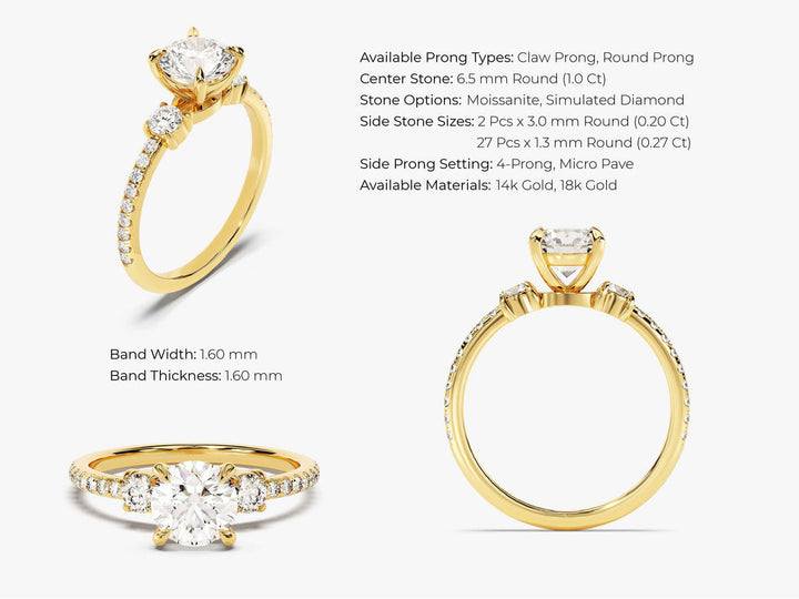 1.0CT Round Cut Micro pave Trio Diamond Lab Grown Engagement Ring For Women