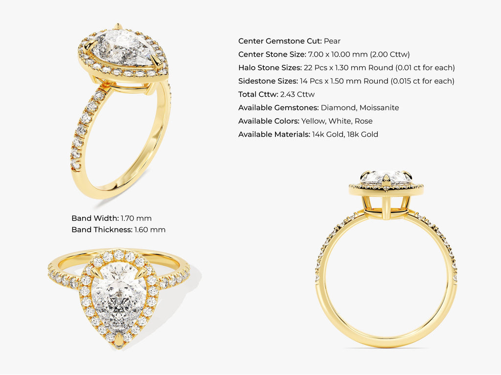 2.0CT Pear Cut Halo Lab Grown Diamond Pave Engagement Ring For Her