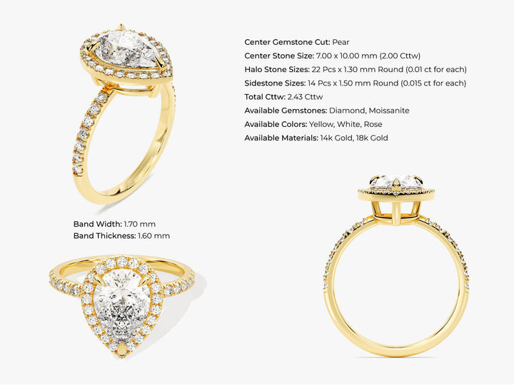 2.0CT Pear Cut Halo Lab Grown Diamond Pave Engagement Ring For Her