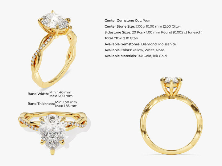 2.0CT Pear Cut Twisted Lab Grown Diamond Pave Engagement Ring For Her