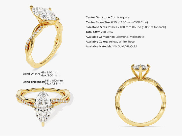 2.0CT Marquise Cut Twisted Diamond Lab Grown Pave Engagement Ring For Women