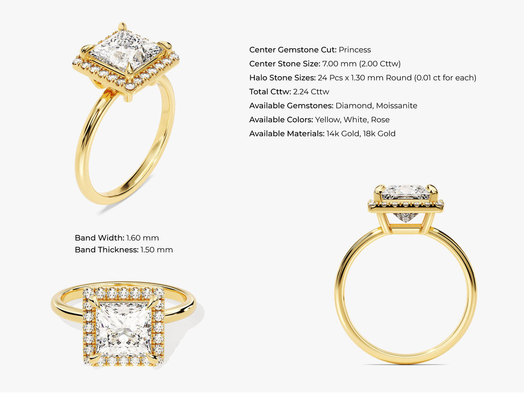 2.0CT Princess Halo Lab Grown Diamond Engagement Ring For Women