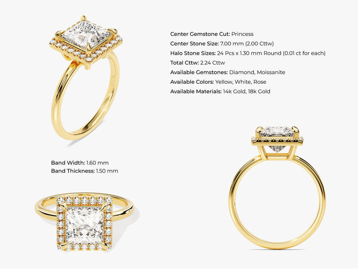 2.0CT Princess Halo Lab Grown Diamond Engagement Ring For Women