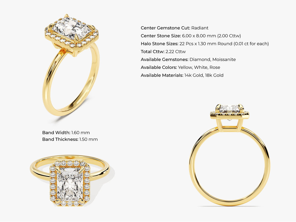 2.0CT Radiant Lab Grown Diamond Halo Engagement Ring Anniversary Gift