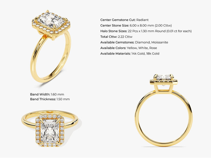 2.0CT Radiant Lab Grown Diamond Halo Engagement Ring Anniversary Gift
