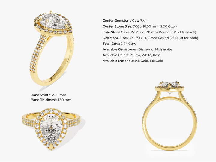 2.0CT Double Pave Pear Halo Lab Grown Diamond Engagement Ring For Women