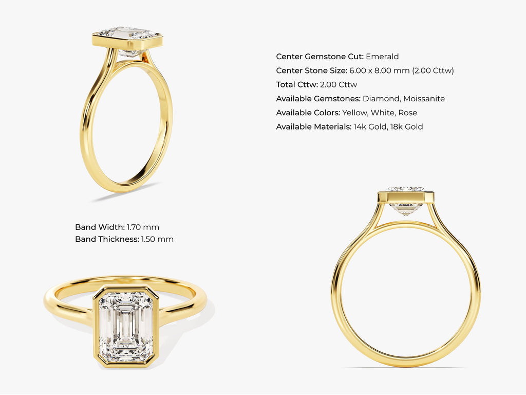 2.0CT Emerald Cut Bezel Lab Grown Diamond Engagement Ring For Her, Minimalist Wedding Ring
