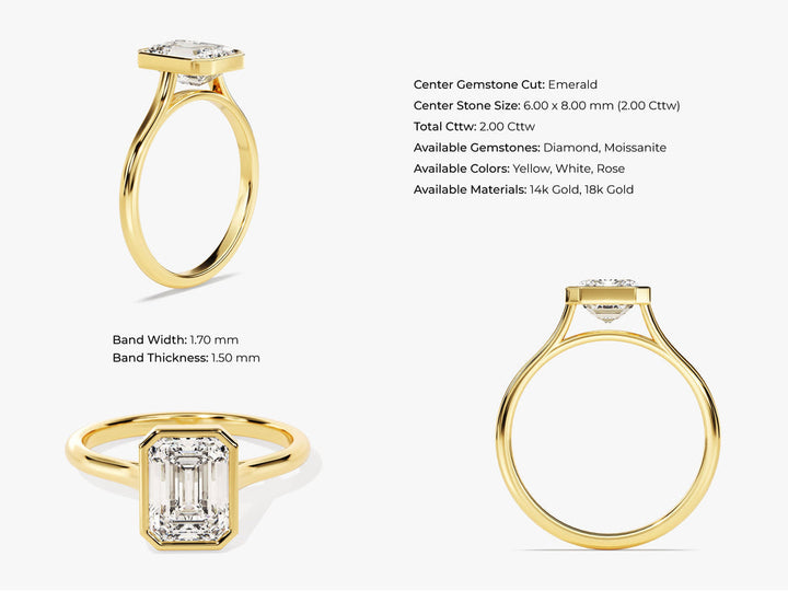 2.0CT Emerald Cut Bezel Lab Grown Diamond Engagement Ring For Her, Minimalist Wedding Ring