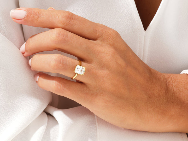 2.0CT Emerald Cut Bezel Lab Grown Diamond Engagement Ring For Her, Minimalist Wedding Ring